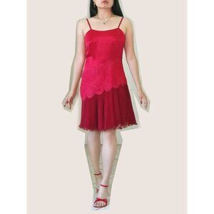 Vintage Red Satin Lace Strap Assymetrical Evening Slip Dress, 80s 90s, sz S-M